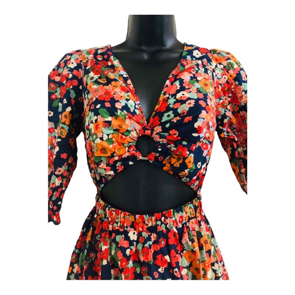 Red orange floral multi midriff cut out cotton v-neck midi dress size medium new - Picture 7 of 16